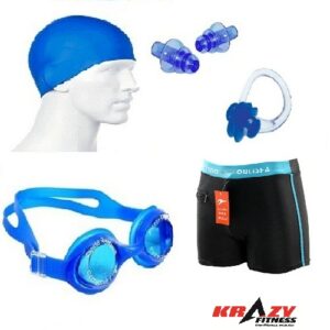Swimming Kit (Silicon Ear Plug, Swimming Cap ,Swimming Nose Clip, Swimming Goggles With Authentic Men Adult Swim Trunks Boxer Nylon)