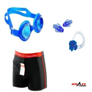 Swimming Kit (Silicon Ear Plug, Swimming Nose Clip, Swimming Goggles With Authentic Men Adult Swim Trunks Boxer Nylon)